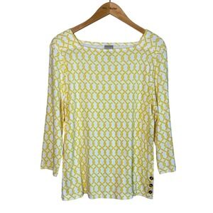 CHICO'S Size 2 US Large Yellow White Geometric Print Cotton 3/4 Sleeve Tunic Top